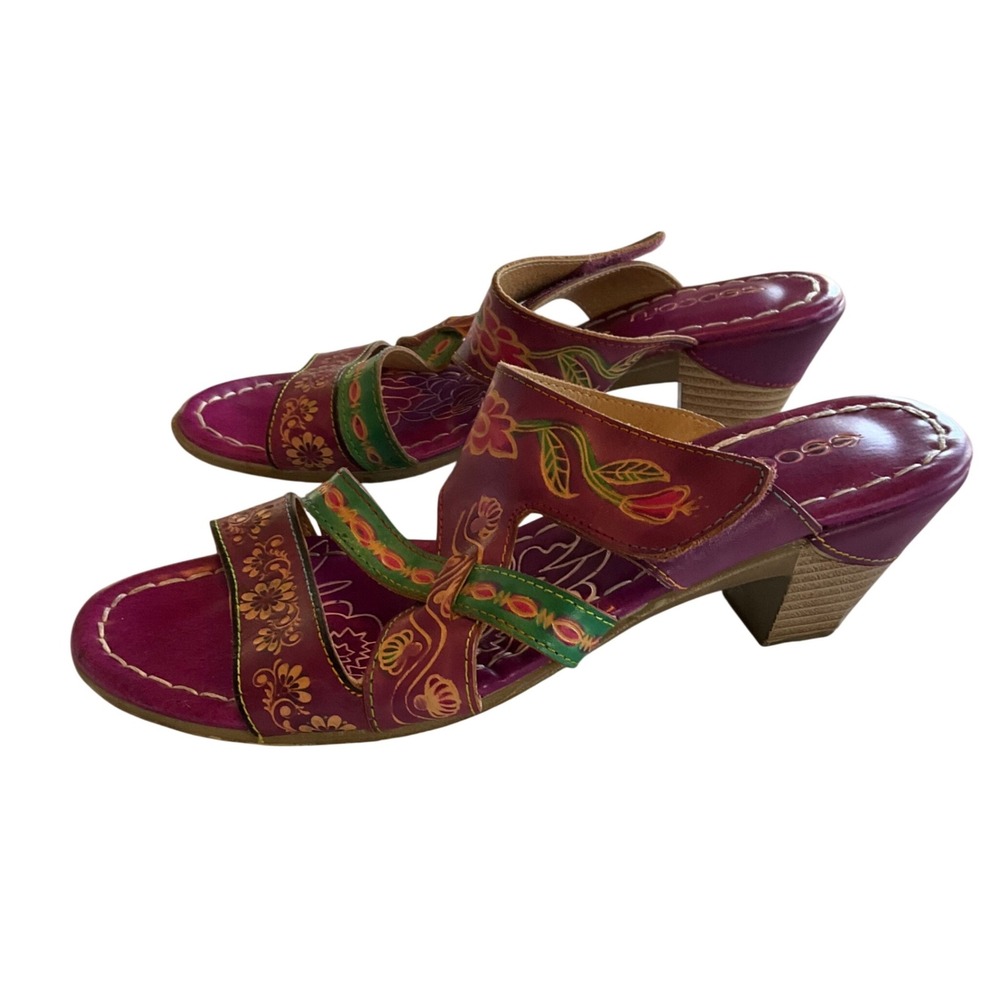 Socofy Leather Sandals Women Size 40 Purple Floral Boho Block Heel Hook Loop